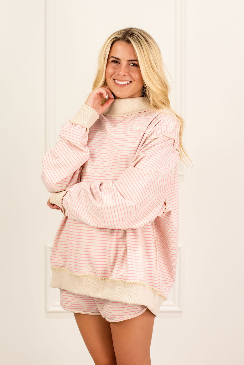 Striped Mockneck Oat/Pink