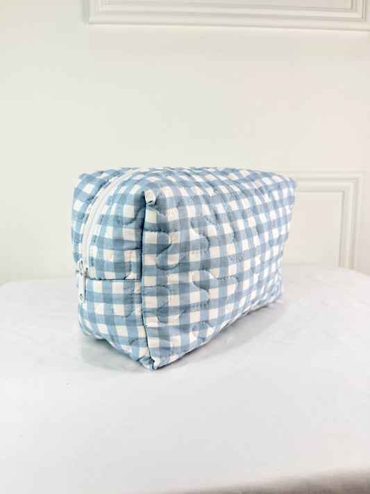 Blue Gingham Patchwork Quilted Makeup Bag L