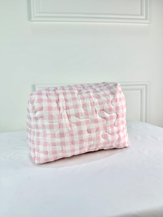 Pink Gingham Patchwork Quilted Makeup Bag L