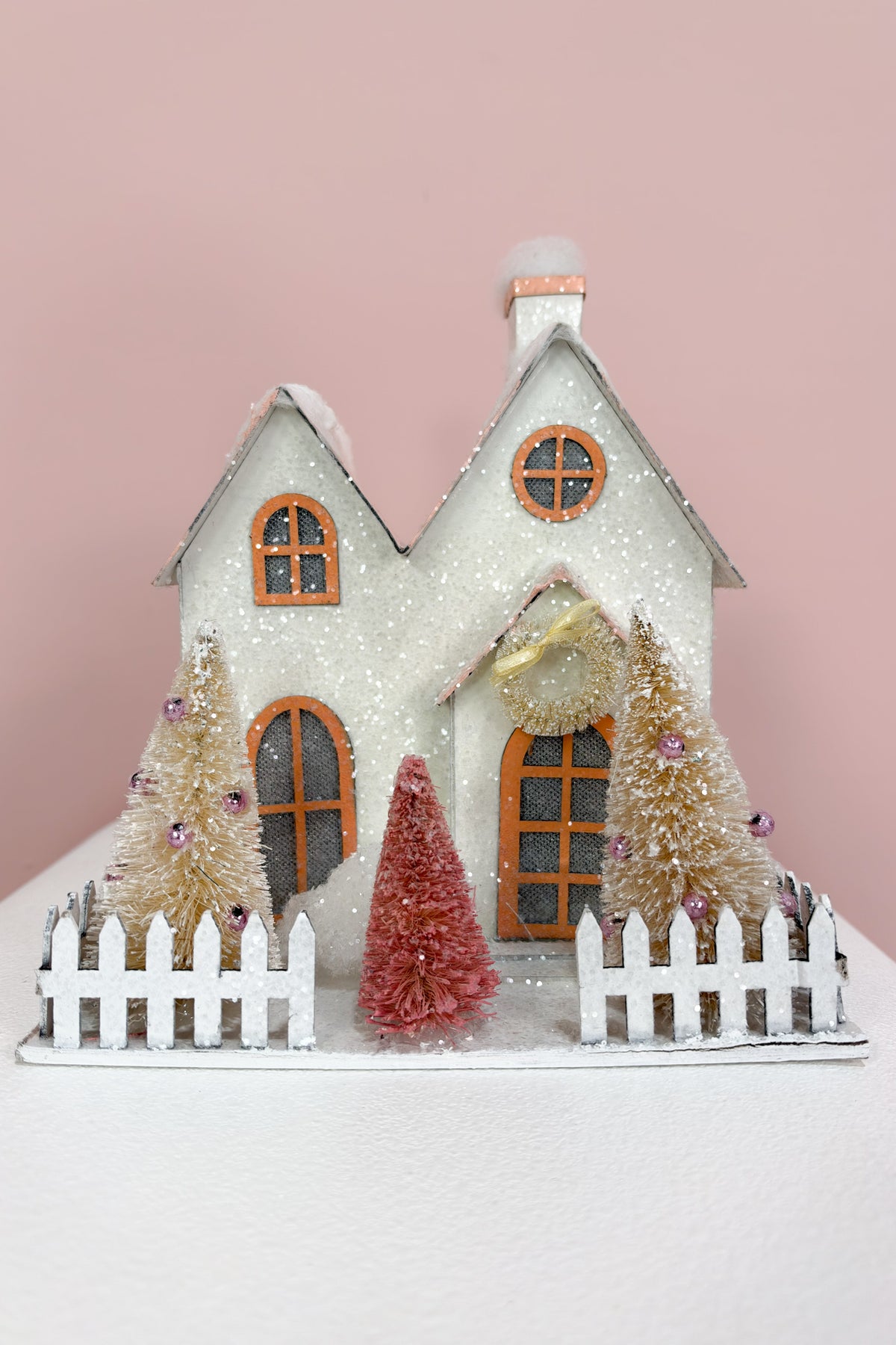 Paper House w/ Bottle Brush Trees & Glitter