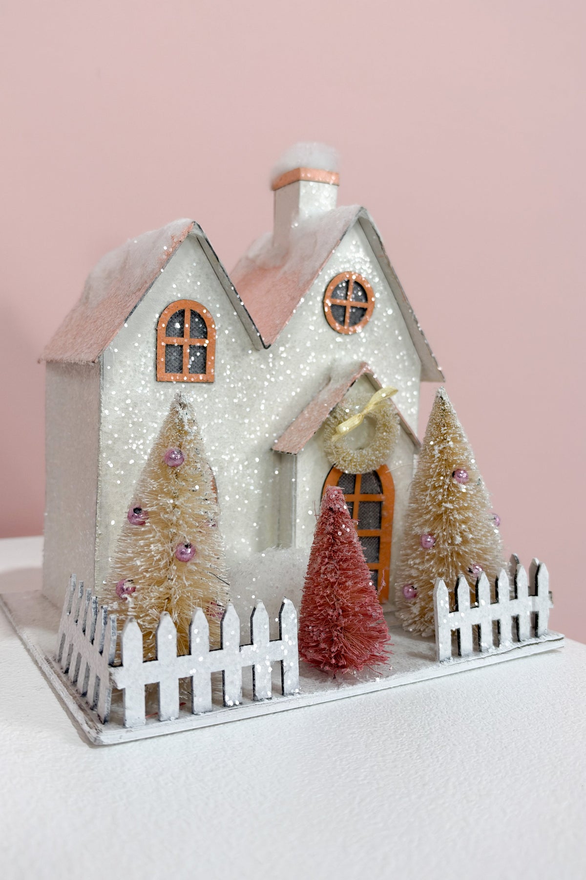 Paper House w/ Bottle Brush Trees & Glitter