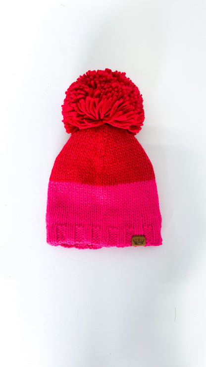 Red/Pink Color Block Pom Pom Beanie