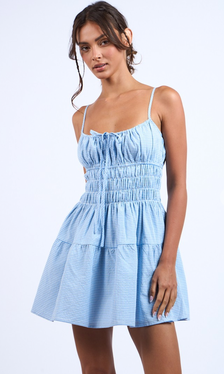 Blue Checker Smocked Waist Dress