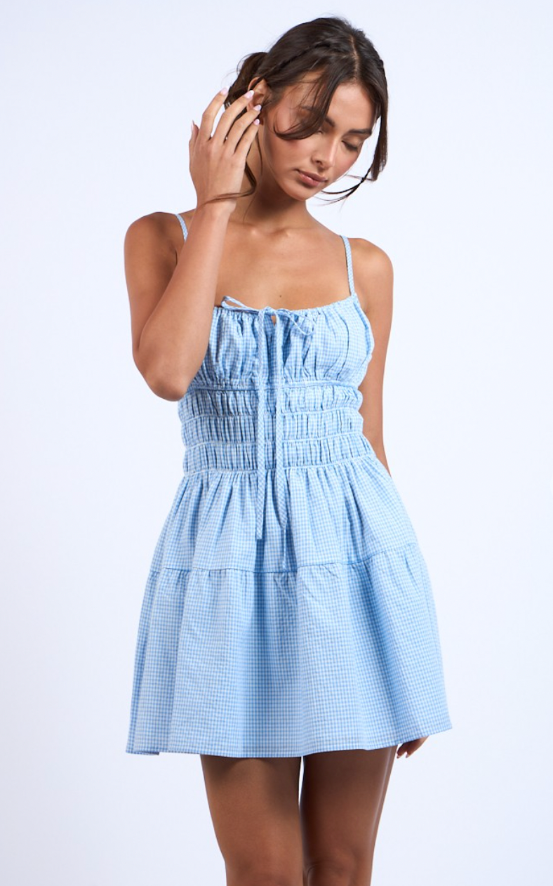 Blue Checker Smocked Waist Dress