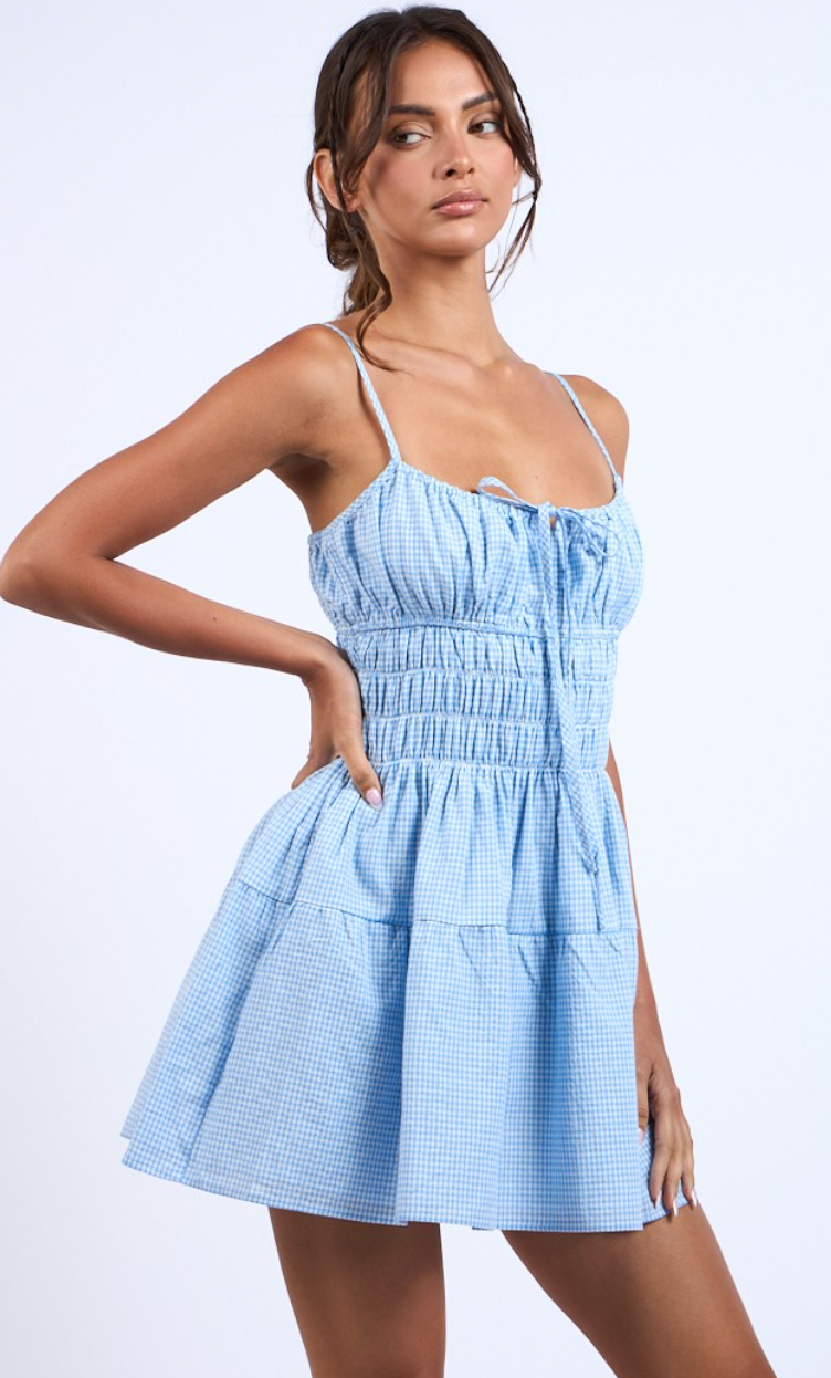 Blue Checker Smocked Waist Dress