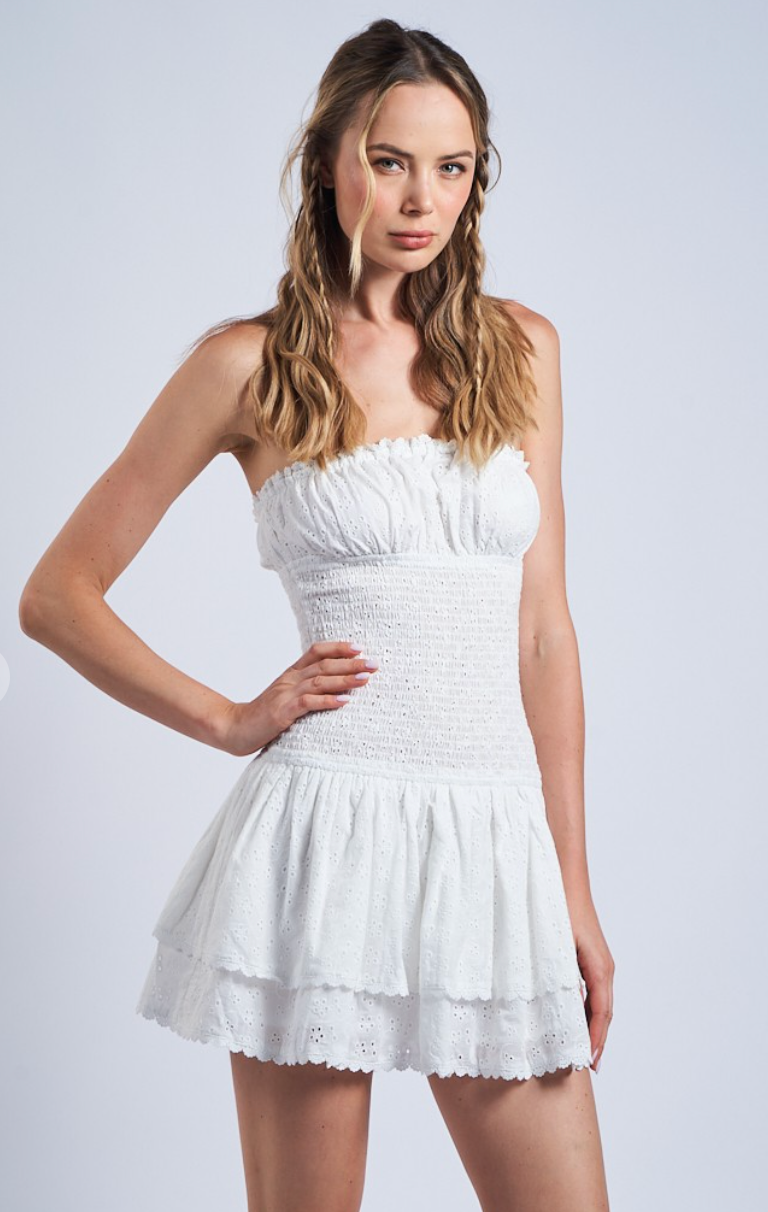 White Eyelet Smock Strapless Dress
