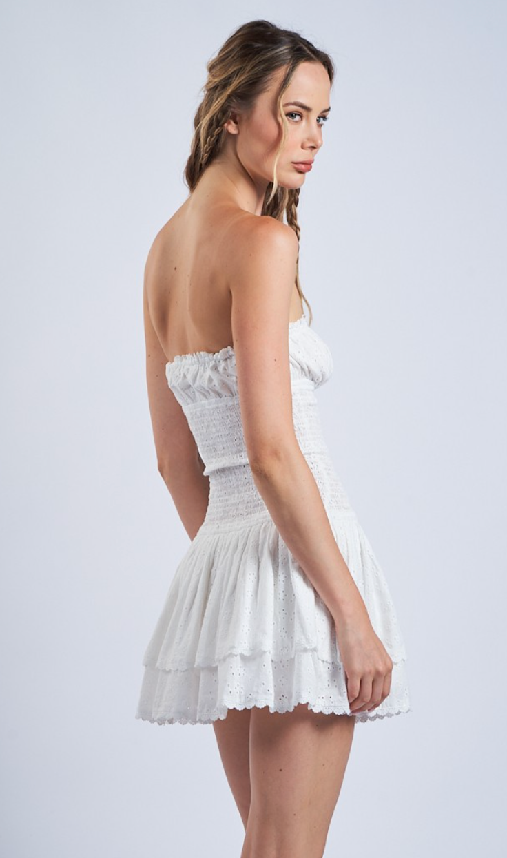 White Eyelet Smock Strapless Dress