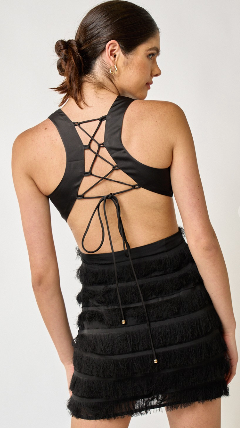 Cutout Fringe Mini Dress Black