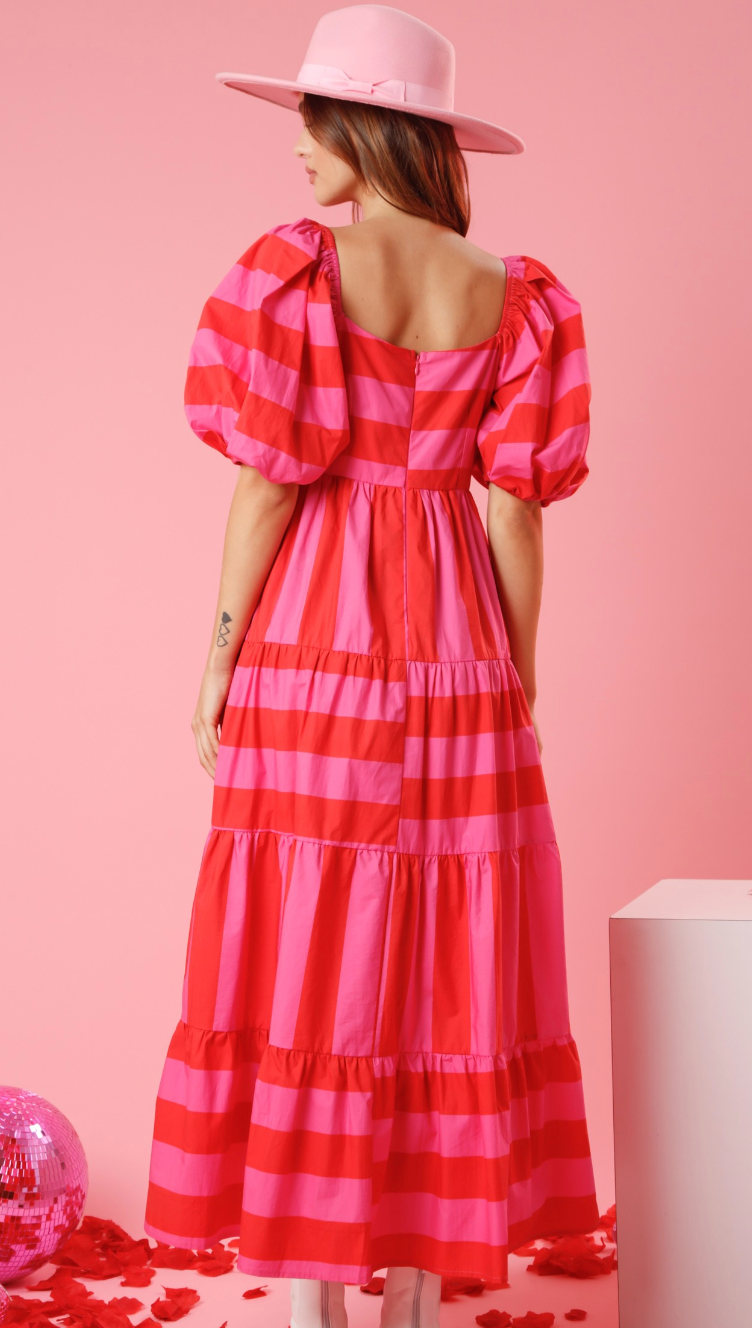Puff Sleeve Stripe Midi Dress