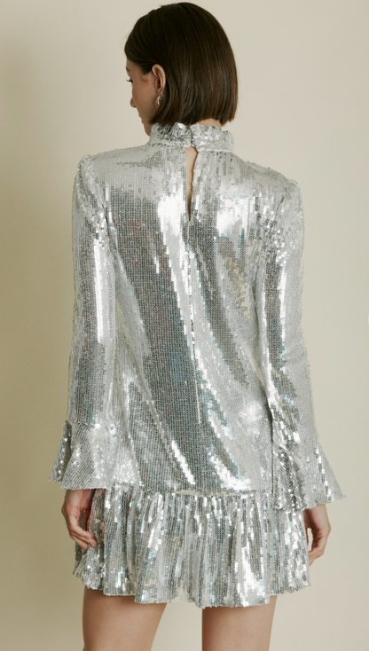 Silver Sequin Ruffle Dress