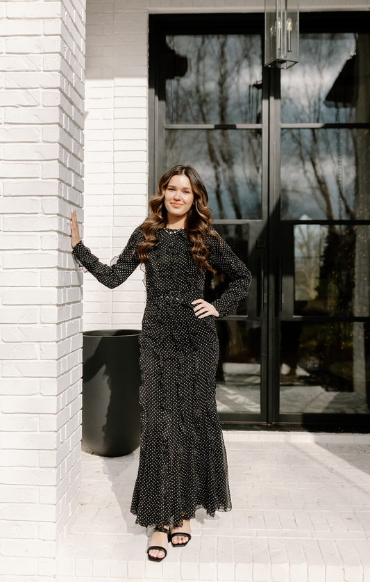Polka Dot Frill Belted Maxi Dress