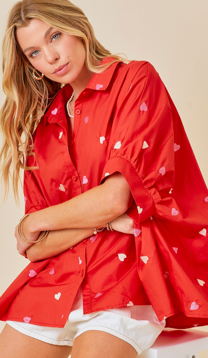 Heart Embroidered Button Down Red