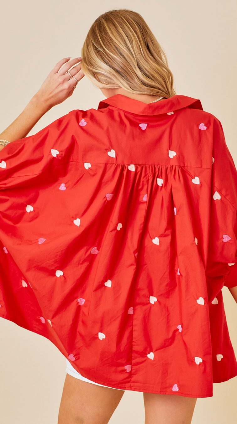 Heart Embroidered Button Down Red
