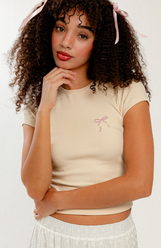 Embroidered Bow Tee Cream
