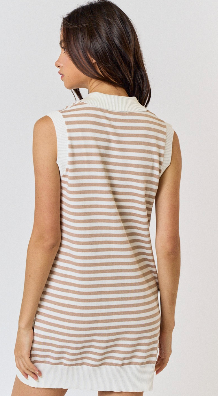 Collared Stripe Knit Dress Tan