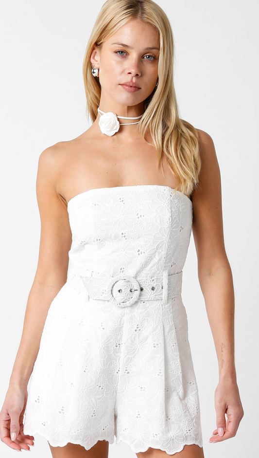White Scallop Belted Romper