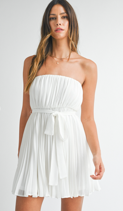 Pleated Strapless Mini Dress White