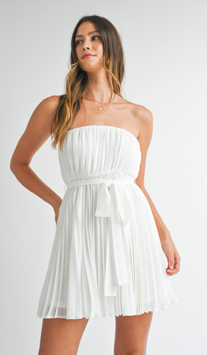 Pleated Strapless Mini Dress White