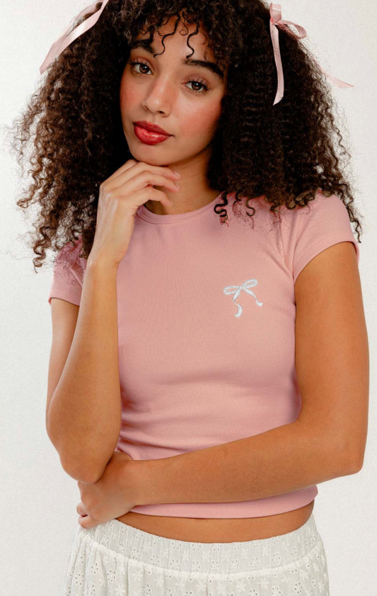 Embroidered Bow Tee Pink