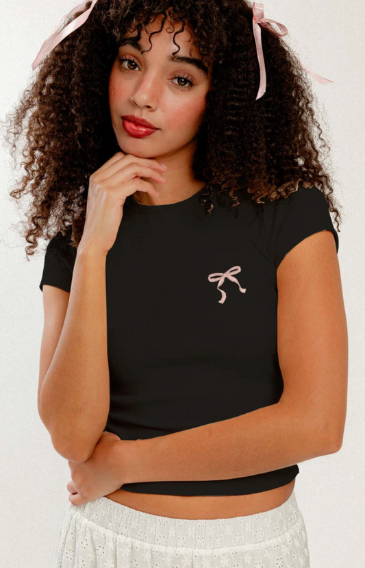 Embroidered Bow Tee Black