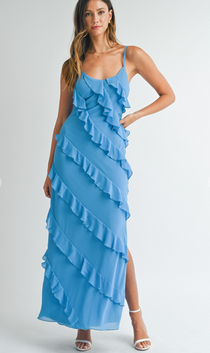 Aqua Tiered Ruffle Maxi Dress
