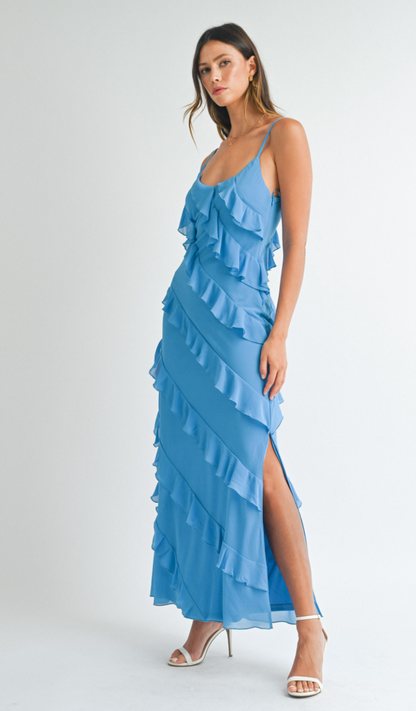 Aqua Tiered Ruffle Maxi Dress