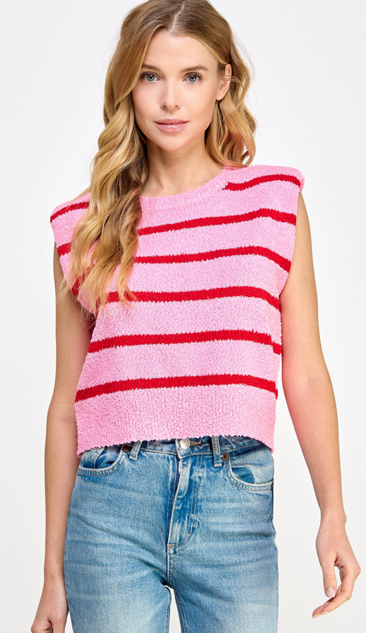 Shoulder Pad Stripe Knit Top Pink/Red