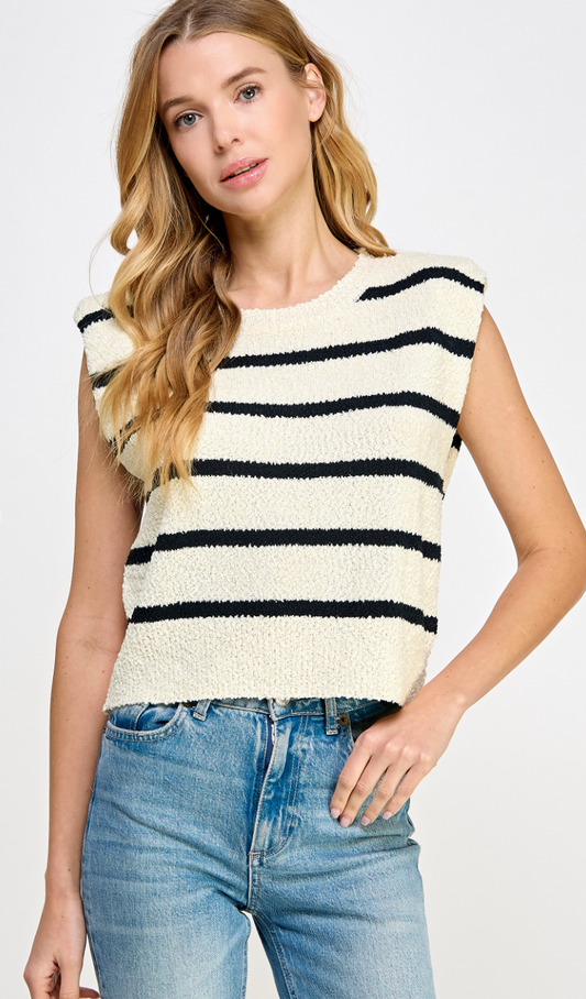 Shoulder Pad Stripe Knit Top Cream/Black