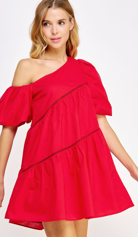 Off Shoulder Linen Dress Red