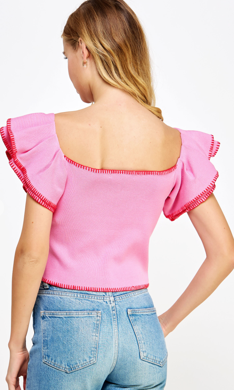 Ruffled Sleeve Knit Top Pink/Red
