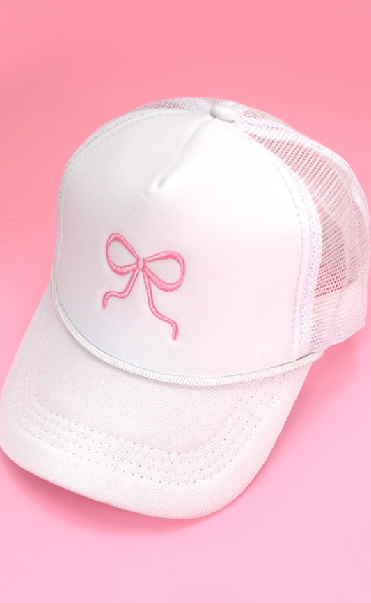 Embroidered Bow Trucker Hat White