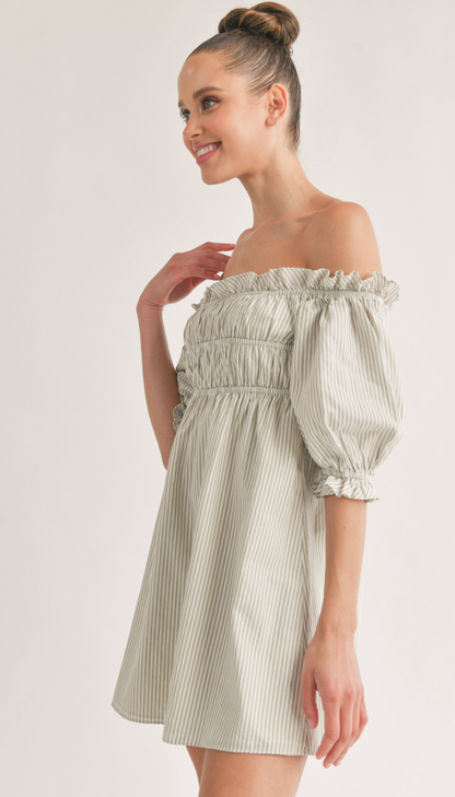 Sage Stripe Off Shoulder Dress