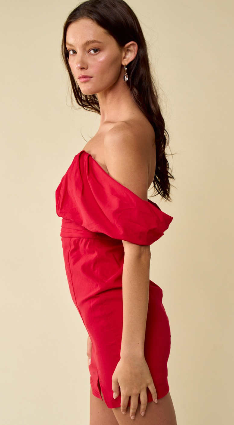 Drop Shoulder Dress w/ Slit Red