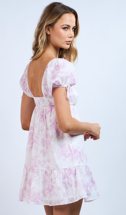 Puff Sleeve Floral Babydoll Dress Pink
