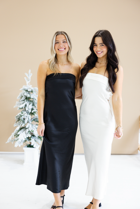 Strapless Satin Midi Dress Cream