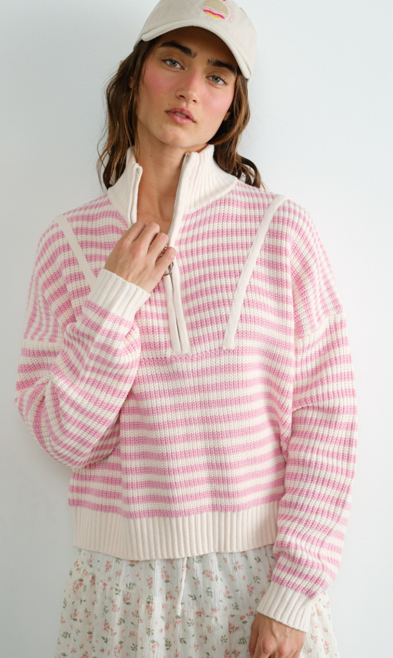 Half Zip Stripe Sweater Pink/White