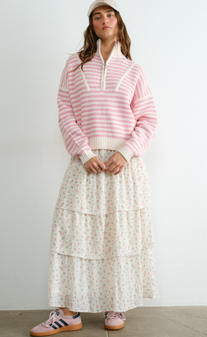 Half Zip Stripe Sweater Pink/White