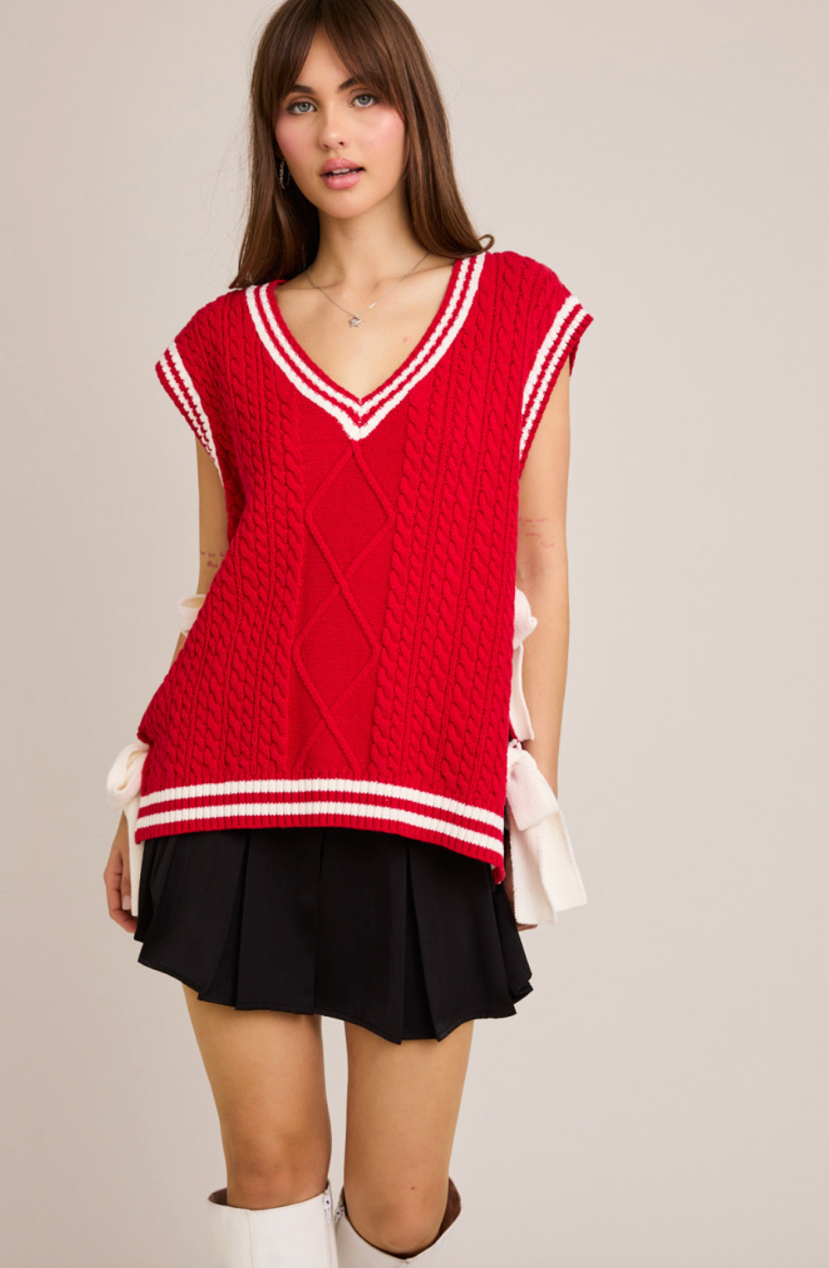 Red/White Side Bow Sweater Top