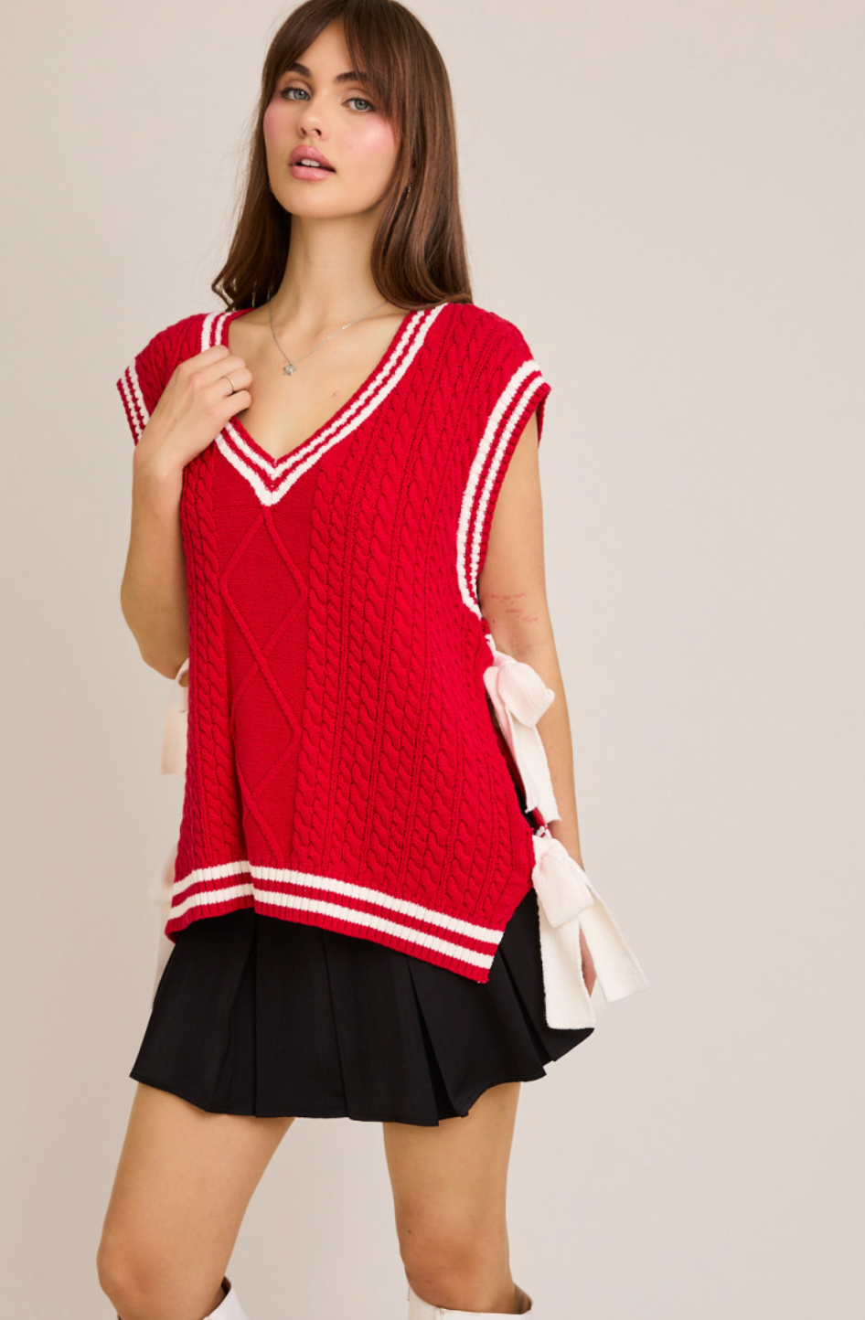 Red/White Side Bow Sweater Top