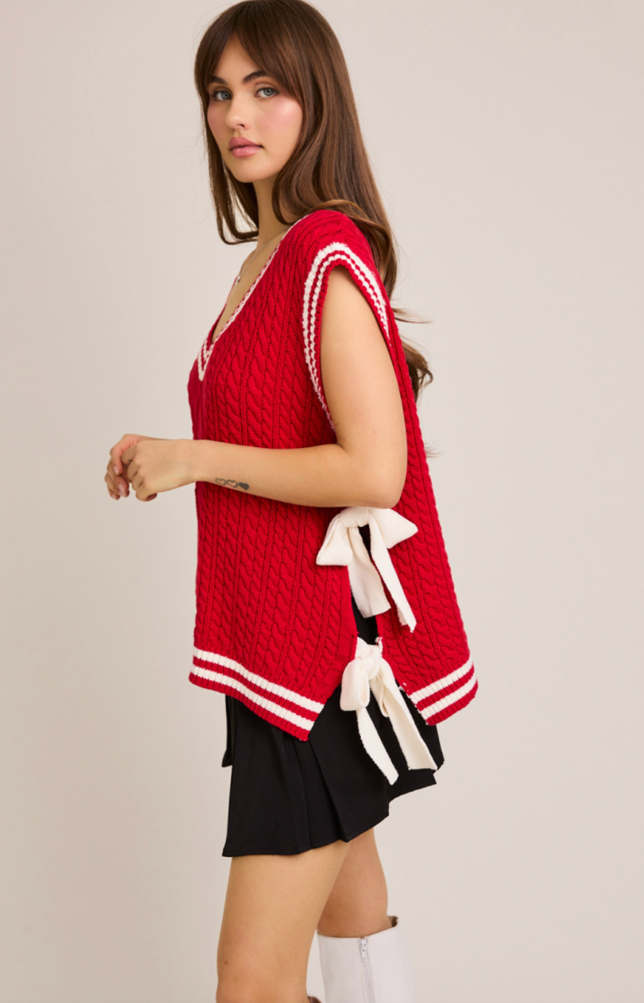 Red/White Side Bow Sweater Top