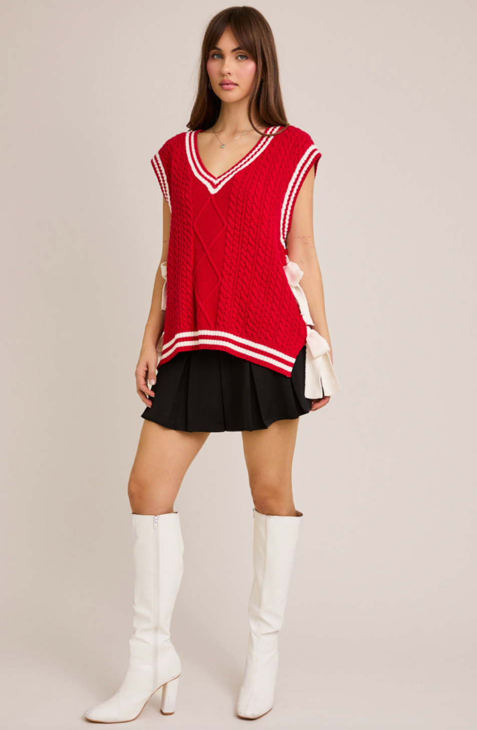 Red/White Side Bow Sweater Top