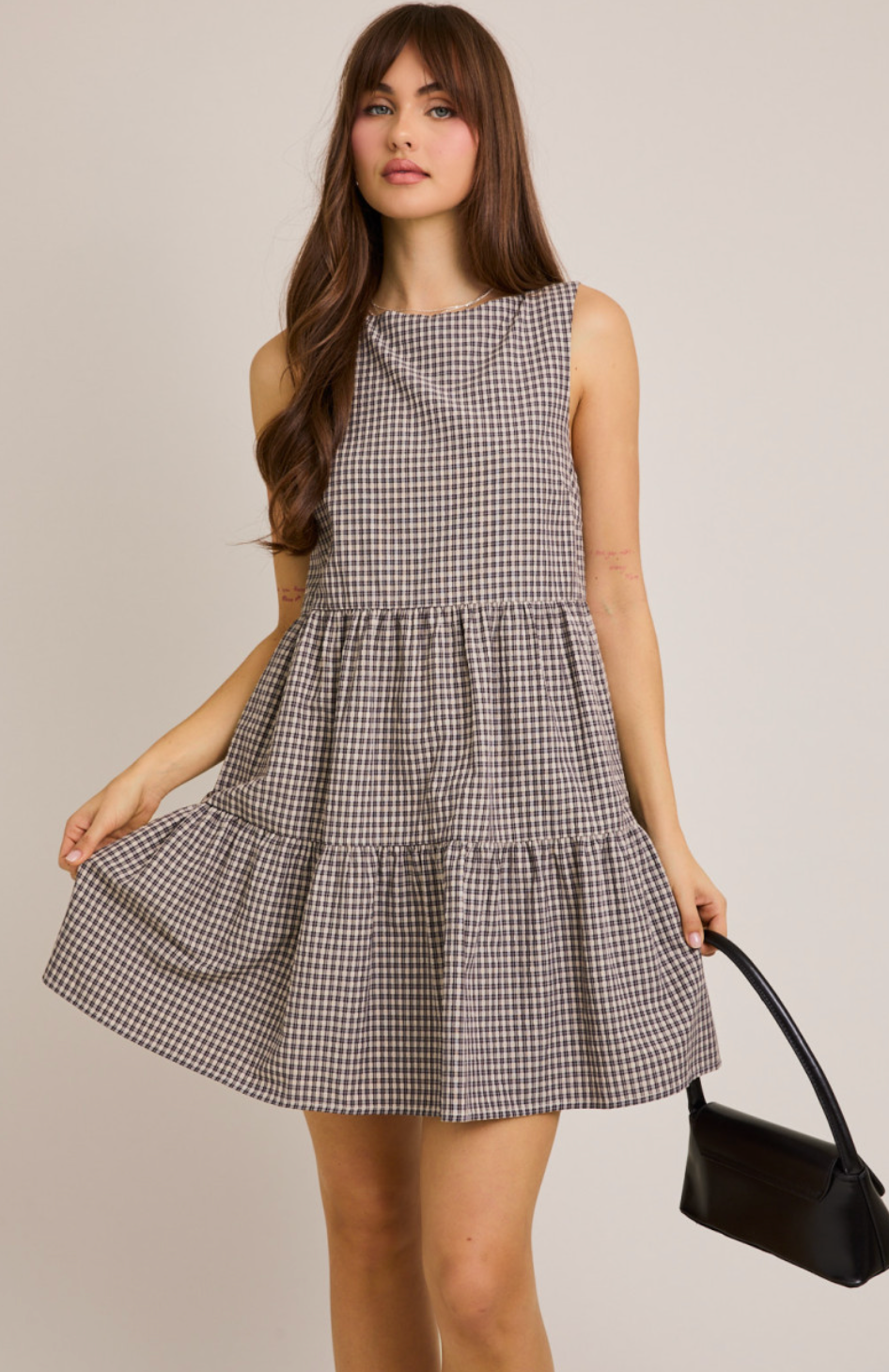 Black Plaid Boat Neck Dress