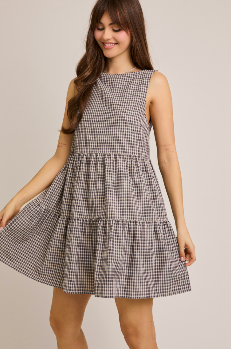 Black Plaid Boat Neck Dress