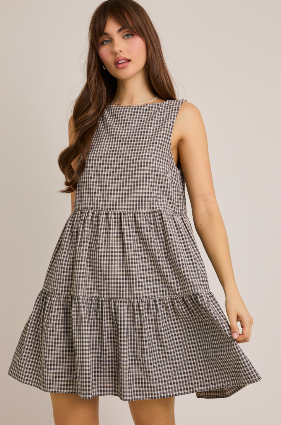 Black Plaid Boat Neck Dress