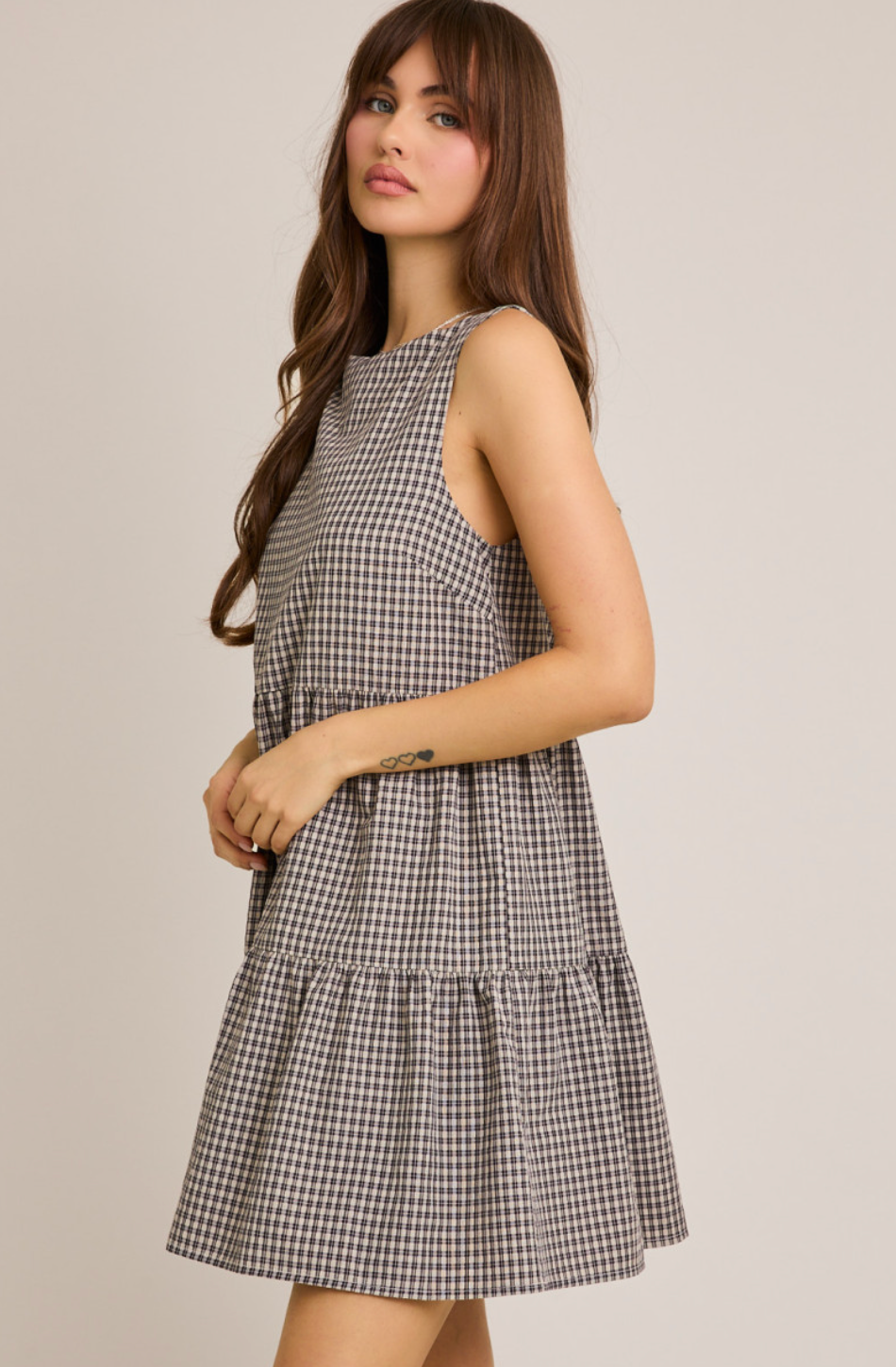 Black Plaid Boat Neck Dress