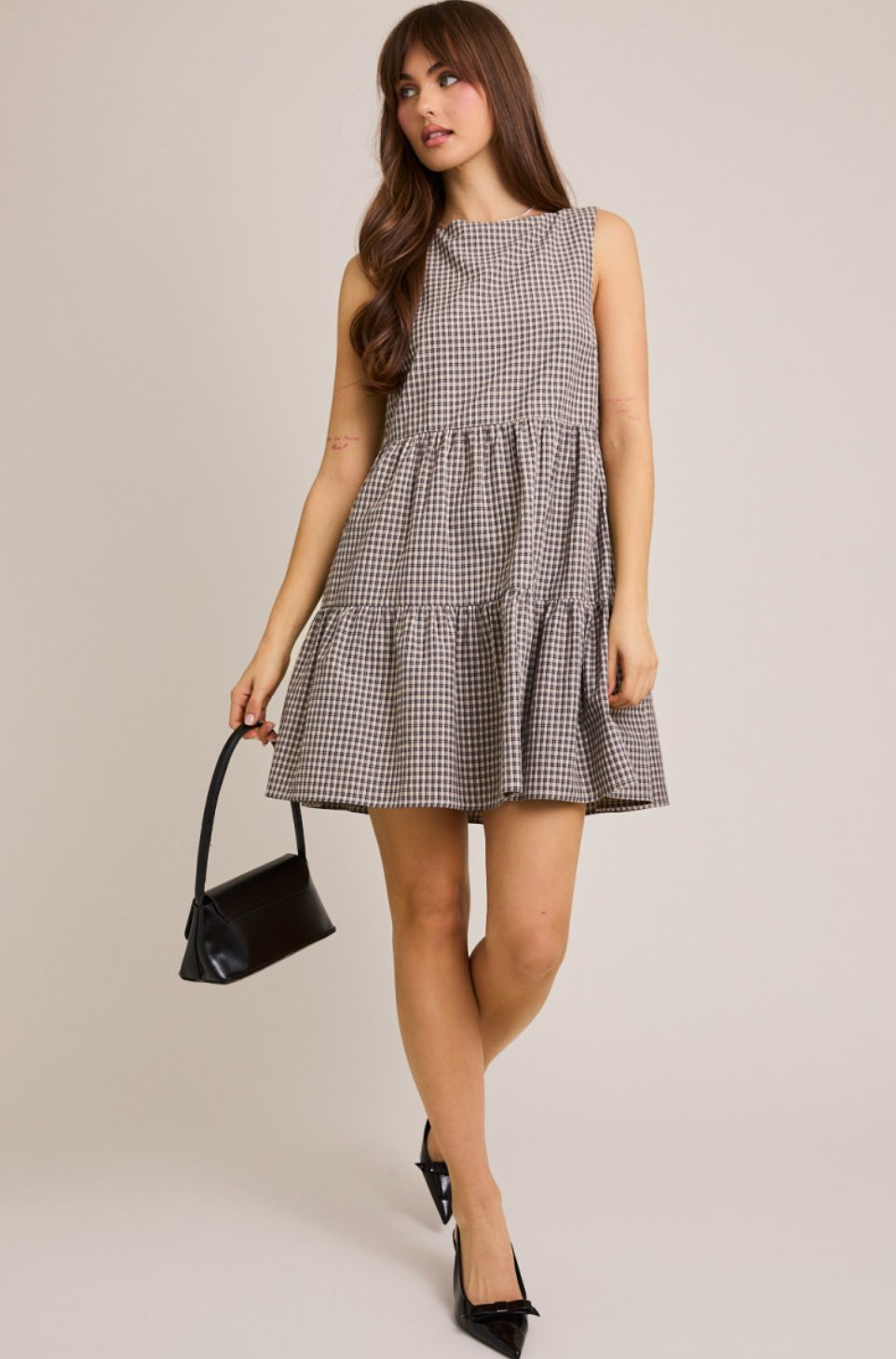 Black Plaid Boat Neck Dress
