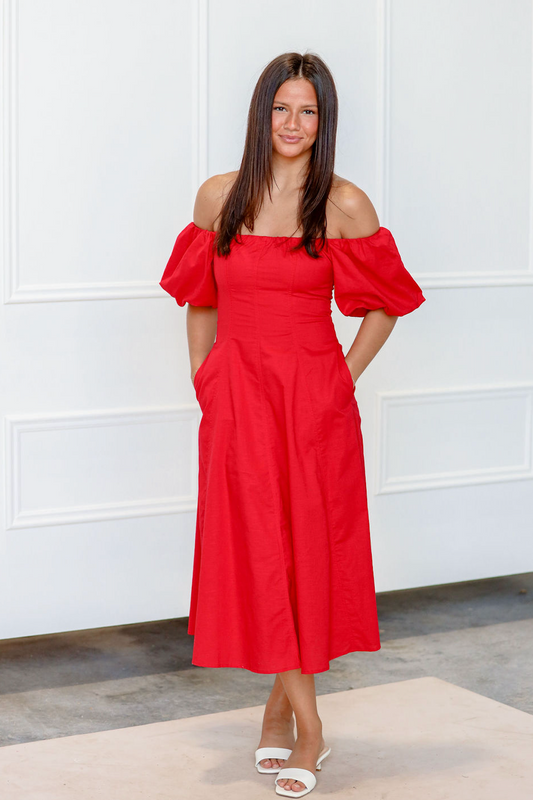 Puff Sleeve Off Shoulder Dress Red