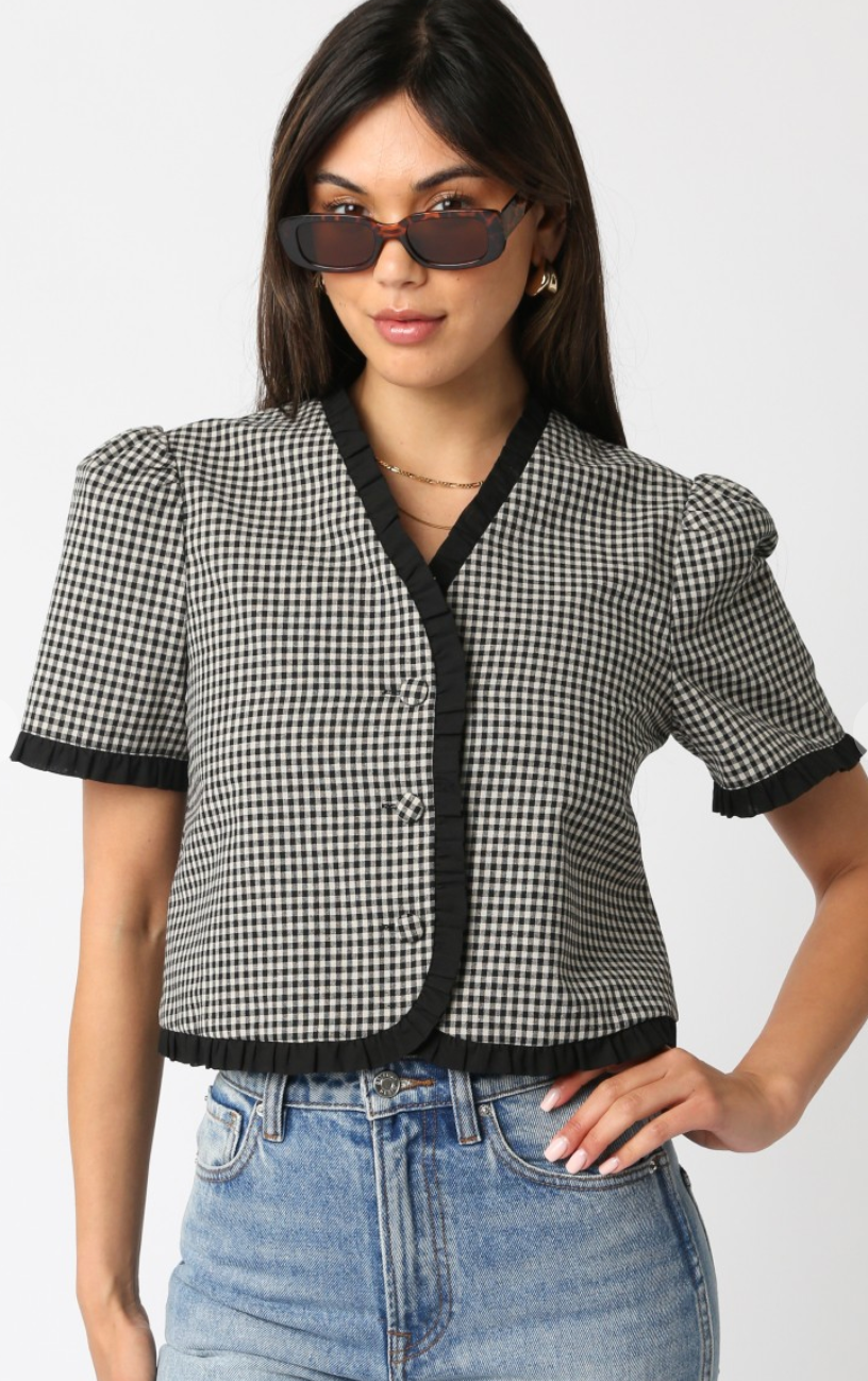 Black Checker Ruffle Button Top