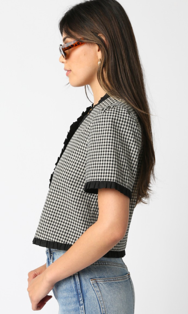 Black Checker Ruffle Button Top