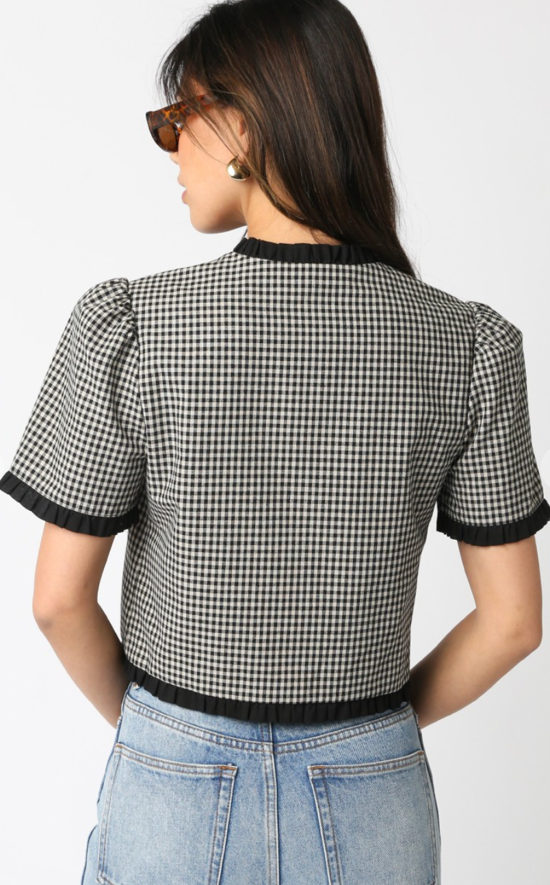 Black Checker Ruffle Button Top